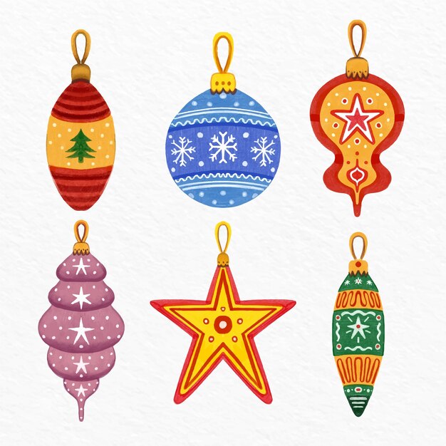 Colección de adornos de bolas navideñas en acuarela