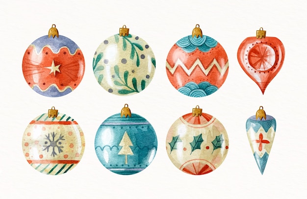 Colección de adornos de bolas navideñas en acuarela