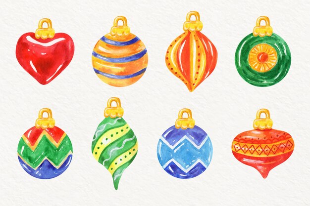 Colección de adornos de bolas navideñas en acuarela