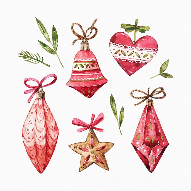 Vector gratuito colección de adornos de bolas navideñas en acuarela
