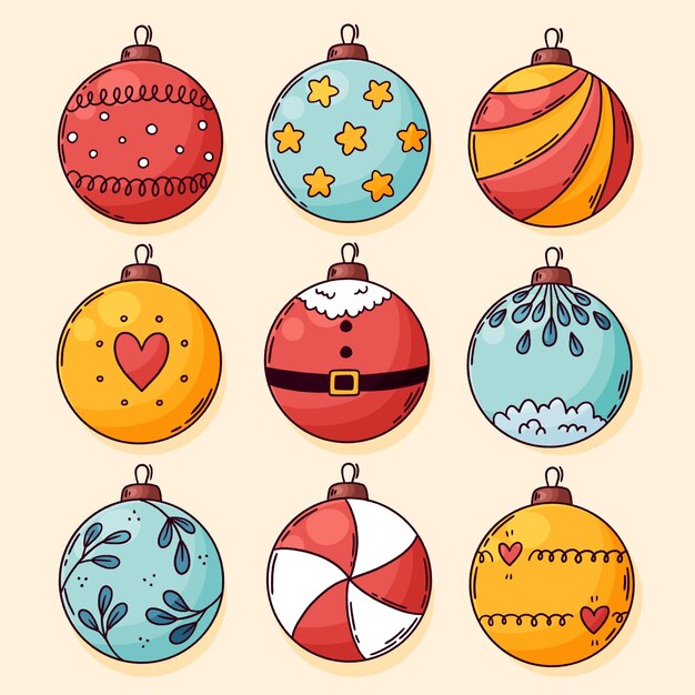 Colección adornos bolas navideñas dibujadas a mano