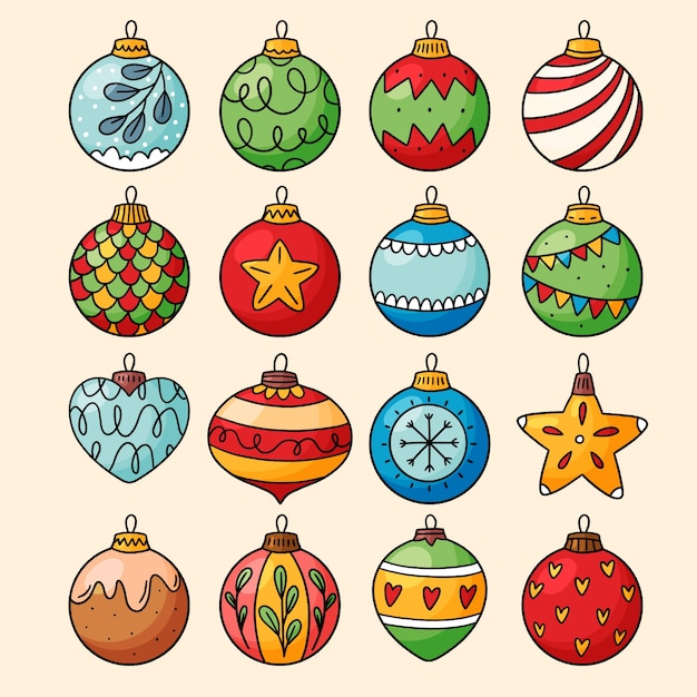 Colección adornos bolas navideñas dibujadas a mano