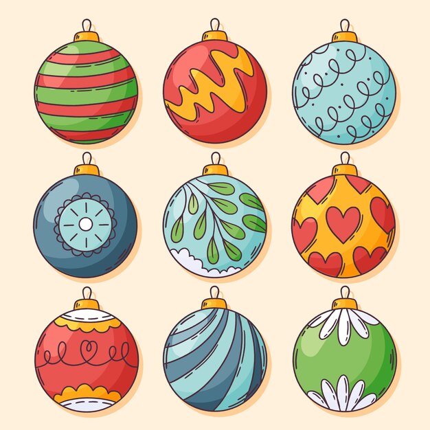 Colección adornos bolas navideñas dibujadas a mano
