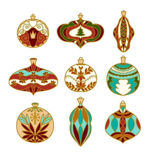 Colección adornos bolas navideñas dibujadas a mano