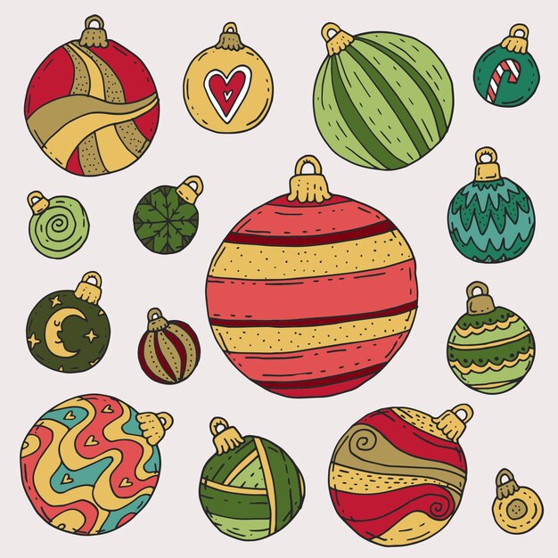 Colección adornos bolas navideñas dibujadas a mano