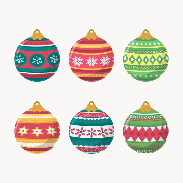Colección de adornos de bolas navideñas planas dibujadas a mano
