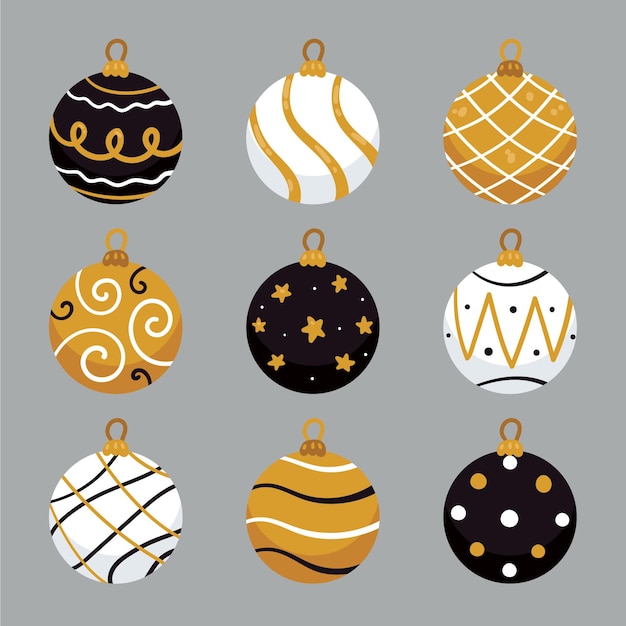 Colección de adornos de bolas navideñas planas dibujadas a mano