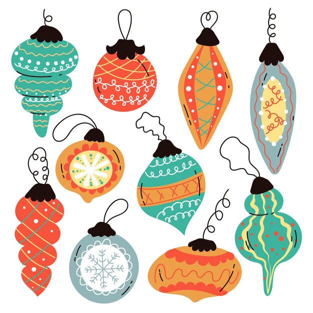Colección de adornos de bolas navideñas planas dibujadas a mano