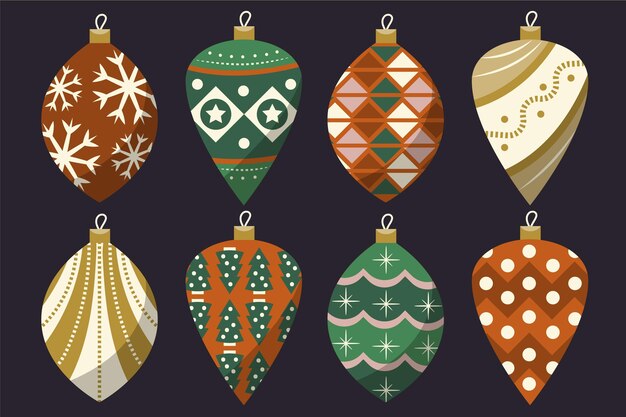 Colección de adornos de bolas navideñas planas dibujadas a mano