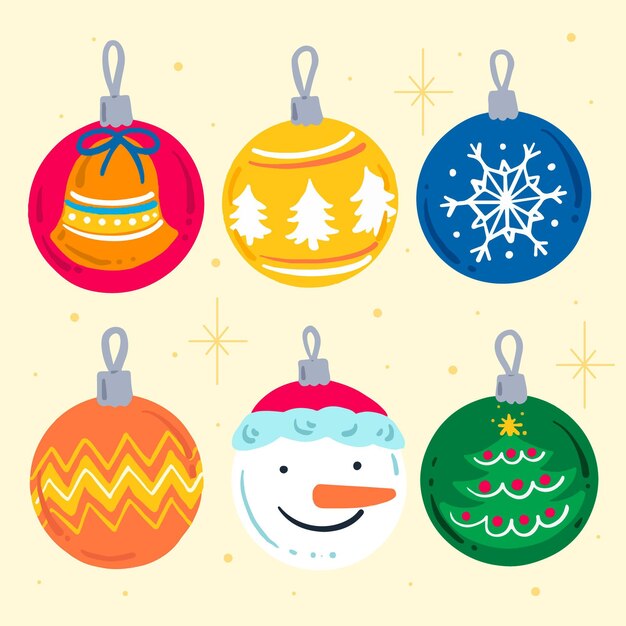 Colección de adornos de bolas navideñas planas dibujadas a mano