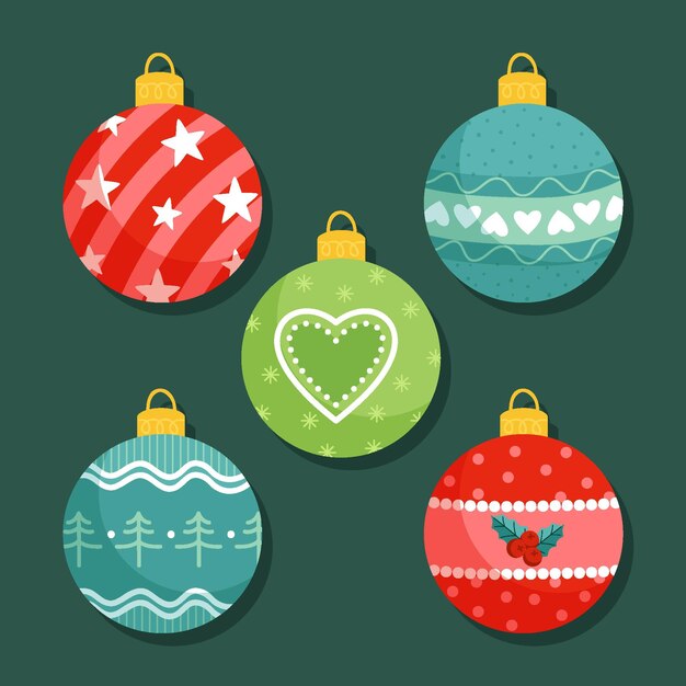 Colección de adornos de bolas navideñas planas dibujadas a mano