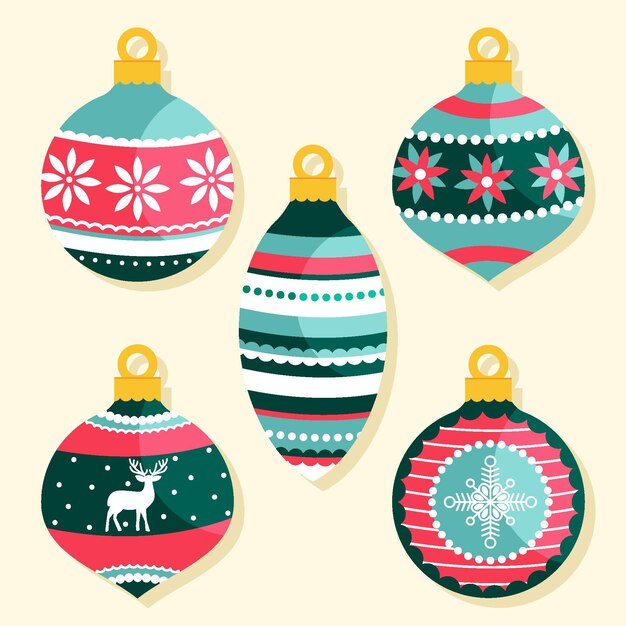 Colección de adornos de bolas navideñas planas dibujadas a mano