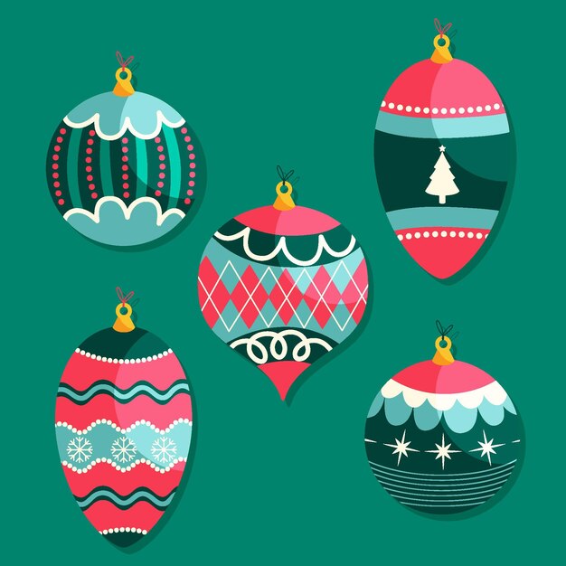 Colección de adornos de bolas navideñas planas dibujadas a mano