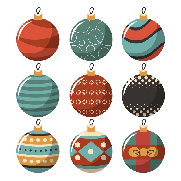 Colección de adornos de bolas navideñas planas dibujadas a mano