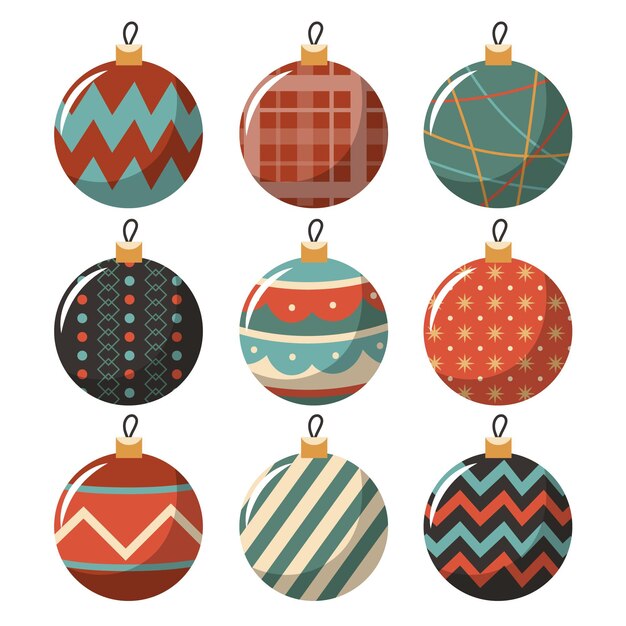 Colección de adornos de bolas navideñas planas dibujadas a mano