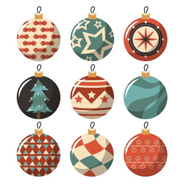 Colección de adornos de bolas navideñas planas dibujadas a mano