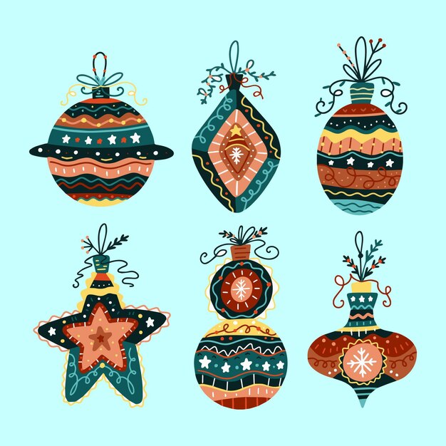 Colección de adornos de bolas navideñas planas dibujadas a mano