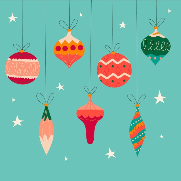 Vector gratuito colección de adornos de bolas navideñas planas dibujadas a mano