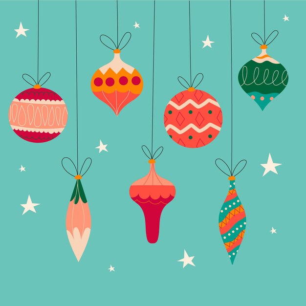 Colección de adornos de bolas navideñas planas dibujadas a mano