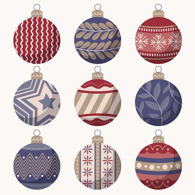 Colección de adornos de bolas navideñas planas dibujadas a mano