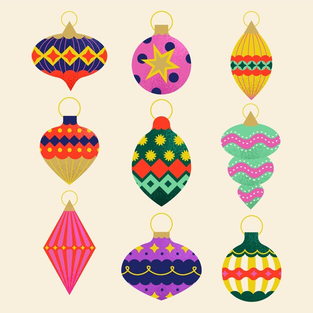 Colección de adornos de bolas navideñas planas dibujadas a mano