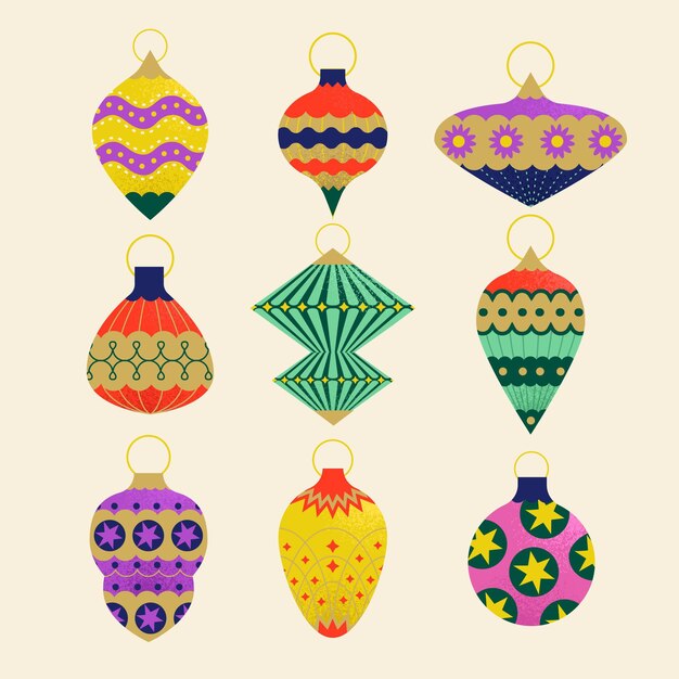 Colección de adornos de bolas navideñas planas dibujadas a mano