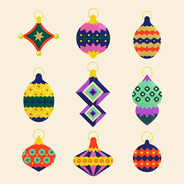 Colección de adornos de bolas navideñas planas dibujadas a mano