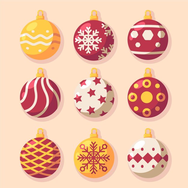 Colección de adornos de bolas navideñas planas dibujadas a mano