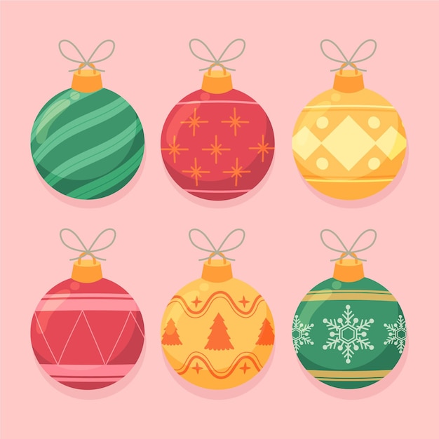 Colección de adornos de bolas navideñas planas dibujadas a mano