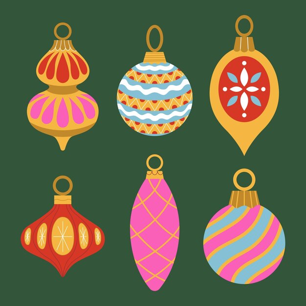 Colección de adornos de bolas navideñas planas dibujadas a mano