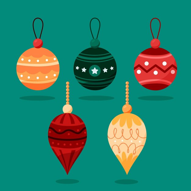 Colección de adornos de bolas navideñas planas dibujadas a mano