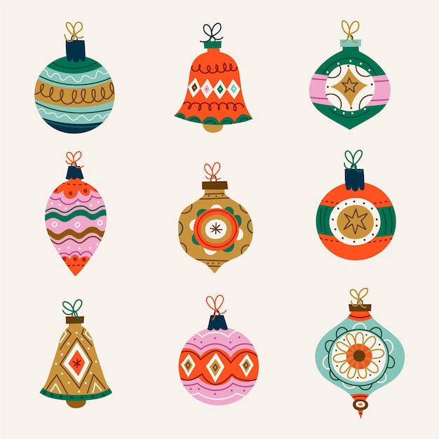 Colección de adornos de bolas navideñas planas dibujadas a mano