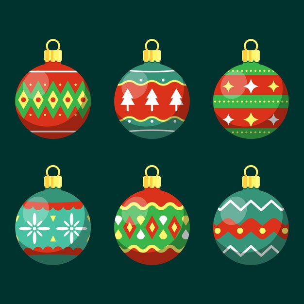 Colección de adornos de bolas navideñas planas dibujadas a mano