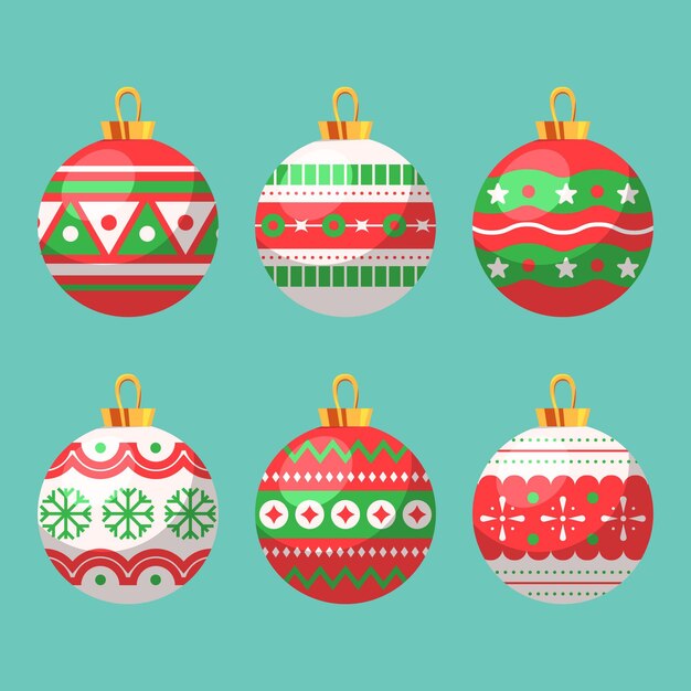 Colección de adornos de bolas navideñas planas dibujadas a mano