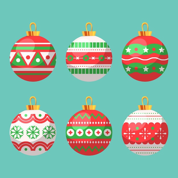 Colección de adornos de bolas navideñas planas dibujadas a mano