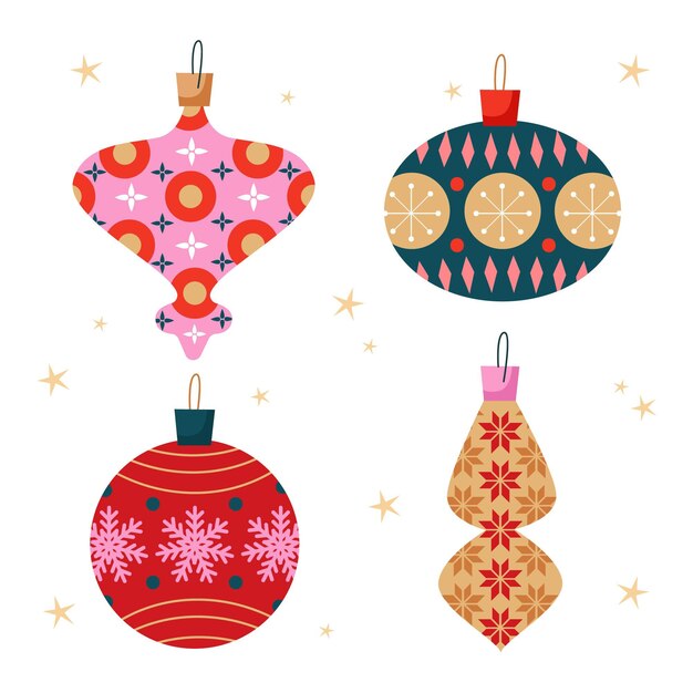 Colección de adornos de bolas navideñas planas dibujadas a mano