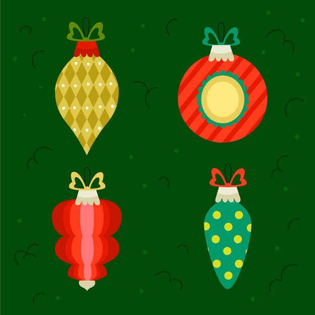 Colección de adornos de bolas navideñas planas dibujadas a mano