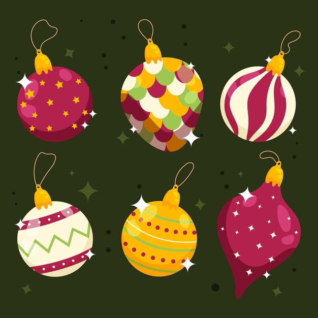 Colección de adornos de bolas navideñas planas dibujadas a mano