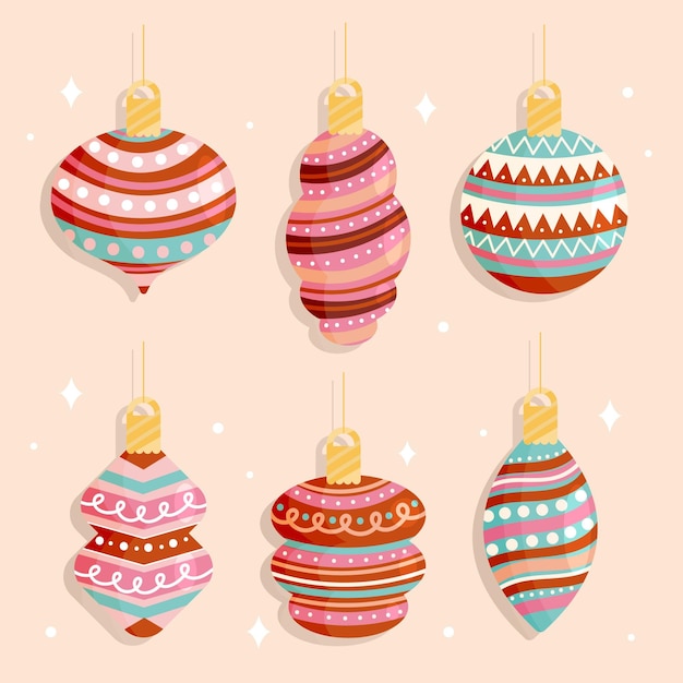 Colección de adornos de bolas navideñas planas dibujadas a mano