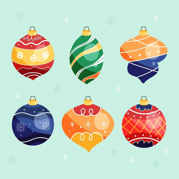 Colección de adornos de bolas navideñas planas dibujadas a mano