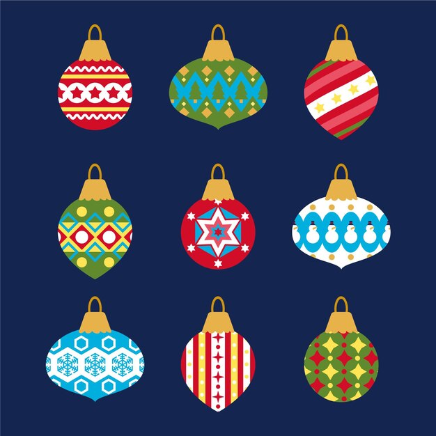 Colección de adornos de bolas navideñas planas dibujadas a mano