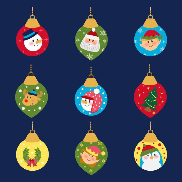Colección de adornos de bolas navideñas planas dibujadas a mano