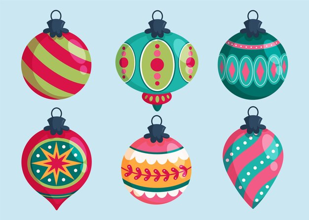 Colección de adornos de bolas navideñas planas dibujadas a mano