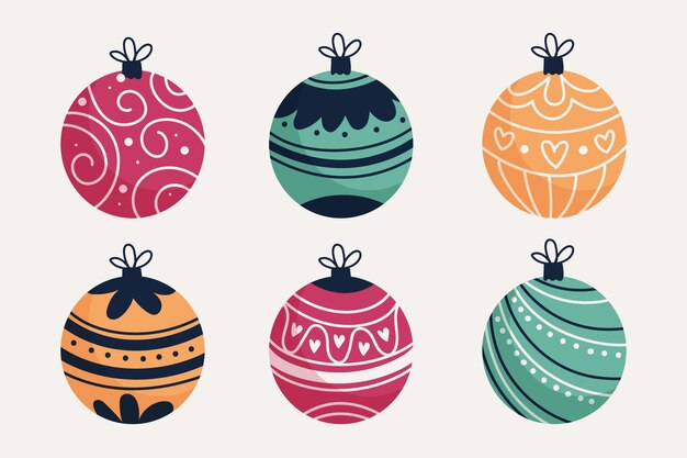Colección de adornos de bolas navideñas planas dibujadas a mano