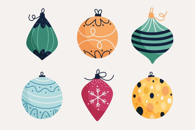 Colección de adornos de bolas navideñas planas dibujadas a mano