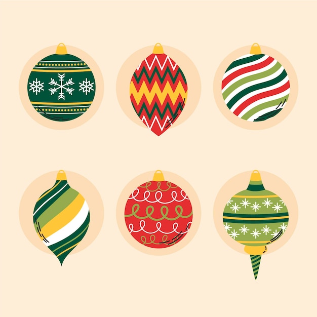 Colección de adornos de bolas navideñas planas dibujadas a mano