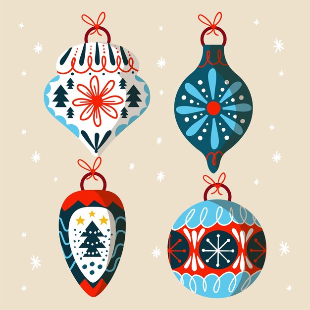 Colección de adornos de bolas navideñas planas dibujadas a mano