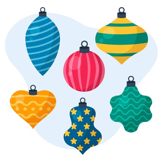 Colección de adornos de bolas navideñas planas dibujadas a mano