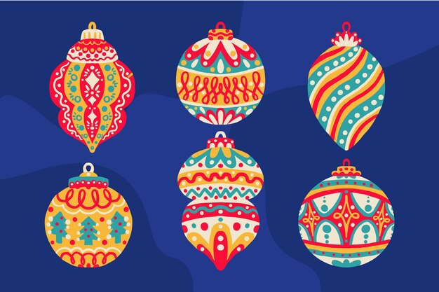 Colección de adornos de bolas navideñas planas dibujadas a mano