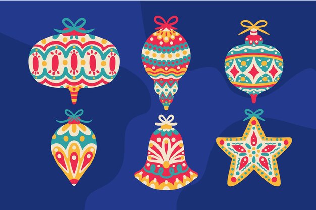 Colección de adornos de bolas navideñas planas dibujadas a mano